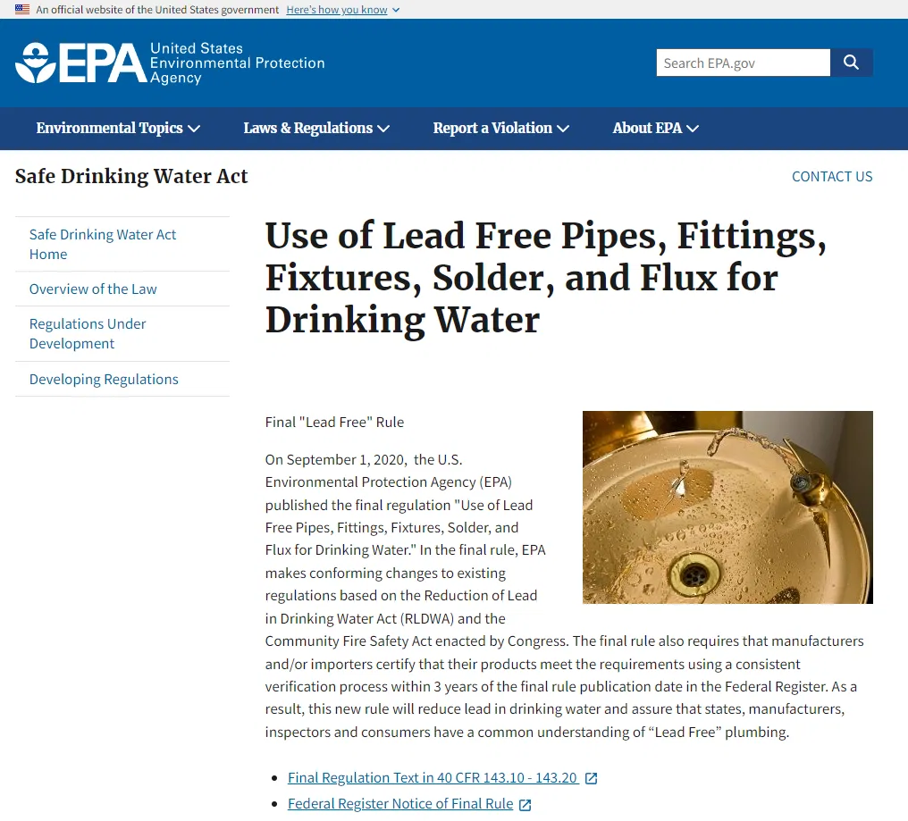 Use Of Lead Free Pipes, Accesorios, Fixtures, Solder, And Flux For Drinking Water