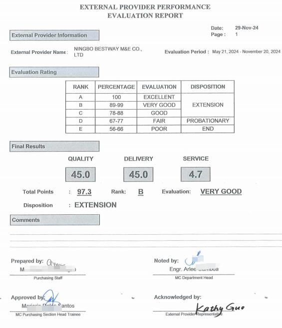 Valve Supplier Evaluation Form