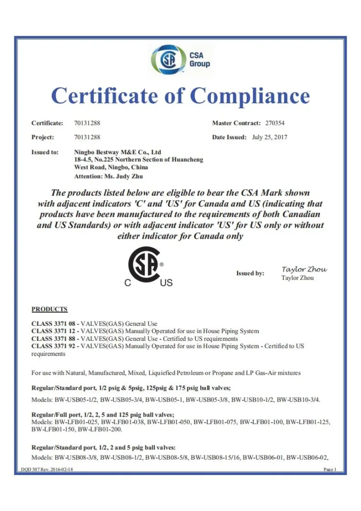CSA Certification BMAG NingboBestway